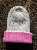 White and pink handmade baby alpaca beanie